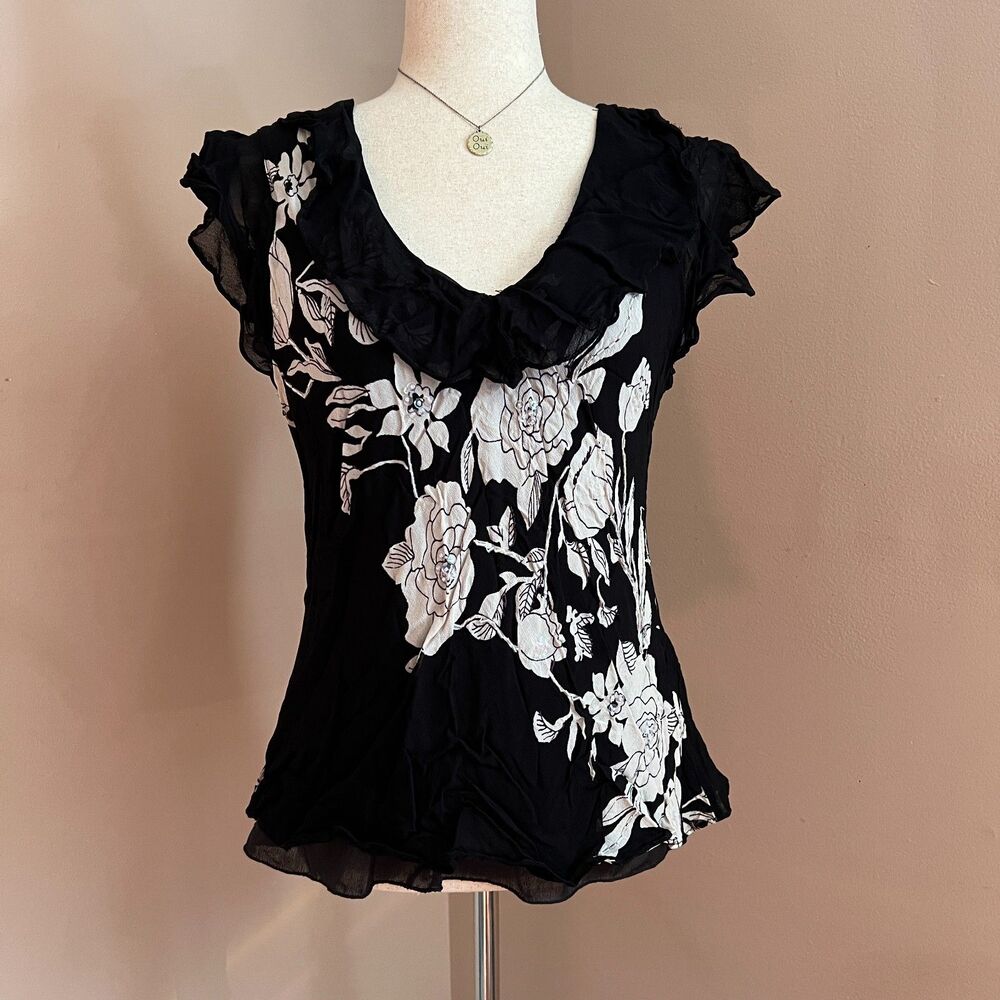 Vintage Rouge Black Sheer Floral Whimsygoth Blouse XL Beaded Flutter Sleeve Top